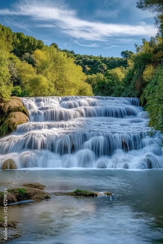 A tranquil mountain waterfall, surrounded by lush greenery, creating a picturesque scene for nature lovers and adventurers alike.