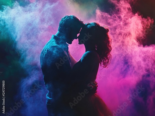 Wallpaper Mural A couple cuddling in a celebratory atmosphere surrounded by pink smoke and colorful lights. Torontodigital.ca