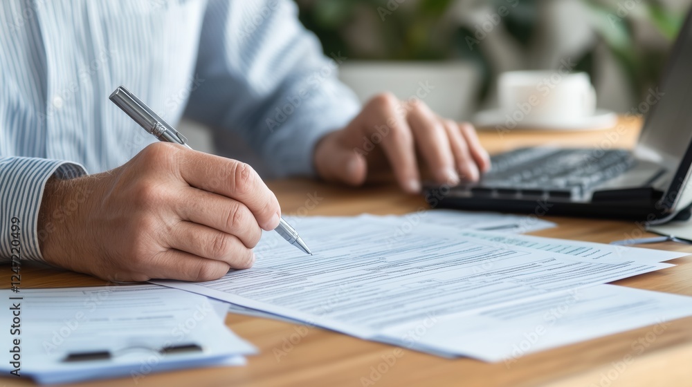 Signing the Deal: A close-up image of a businessman's hand carefully signing a document, demonstrating commitment, focus, and the importance of a successful agreement. Signing the Deal: A close-up image of a businessman's hand carefully signing a document, demonstrating commitment, focus, and the importance of a successful agreement.