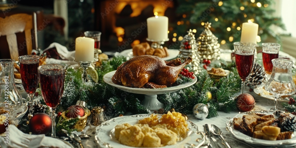 Fototapeta premium A festive Christmas meal with various foods, candles lit on the table.