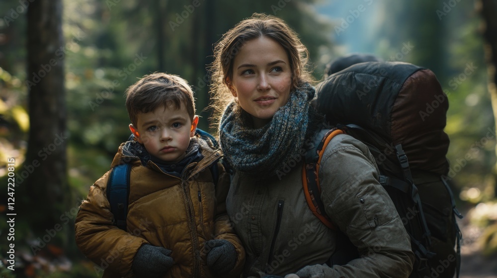 Mother and child on a hiking adventure in the woods. Mother and child on a hiking adventure in the woods.