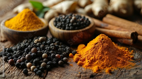 Detailed close-up of spices such as black peppercorns, turmeric roots, and cinnamon sticks on a weathered wooden surface, with warm lighting enhancing their textures