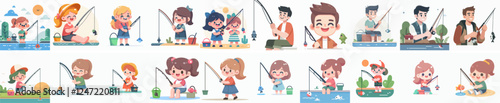 vector set of happy little boy fishing