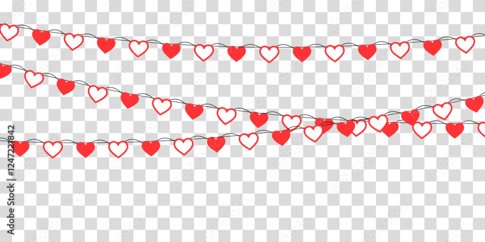 Cute hand-drawn heart garland with red paper hearts on a string. A romantic and seamless horizontal pattern perfect for Valentine’s Day decorations, wrapping paper, and festive banners. Cute hand-drawn heart garland with red paper hearts on a string. A romantic and seamless horizontal pattern perfect for Valentine’s Day decorations, wrapping paper, and festive banners.