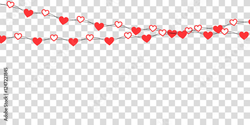 Festive heart garland featuring red paper hearts on a string, combining mixed textures of glitter and plain materials. A perfect Valentine’s Day decoration for romantic events, wedding celebrations