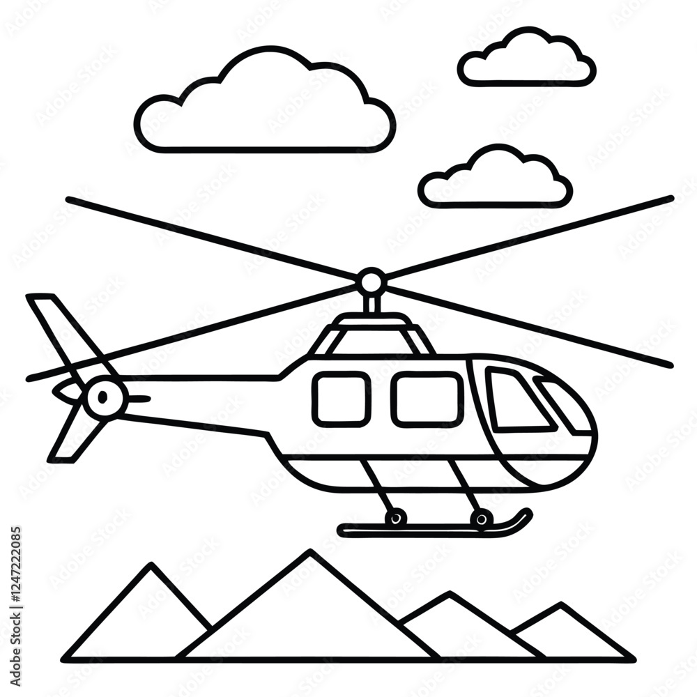Fototapeta premium Black and white line art of a helicopter over mountains. color page for kids