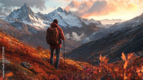 Exploring breathtaking mountain landscapes at dusk with vibrant autumn foliage and distant snow-capped peaks in serene wilderness