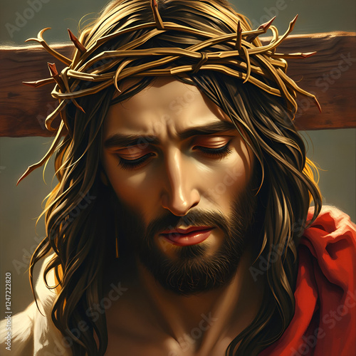 jesus depicted with a crown of thorns capturing the profound moment of suffering and redemption illustrated with a striking sense of compassion and spirituality resonating deeply with faith photo