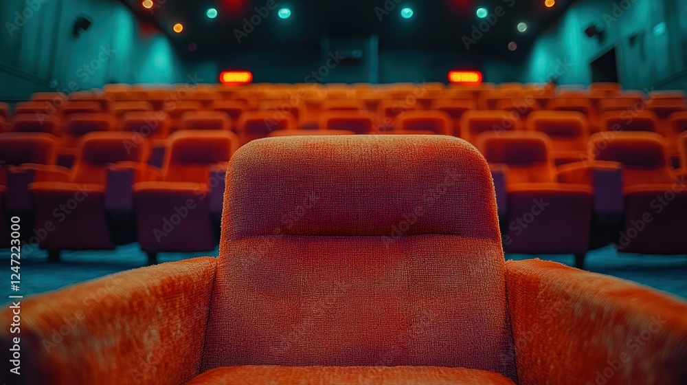 Fototapeta premium Empty cinema seat, rows, lights, screen, movie night