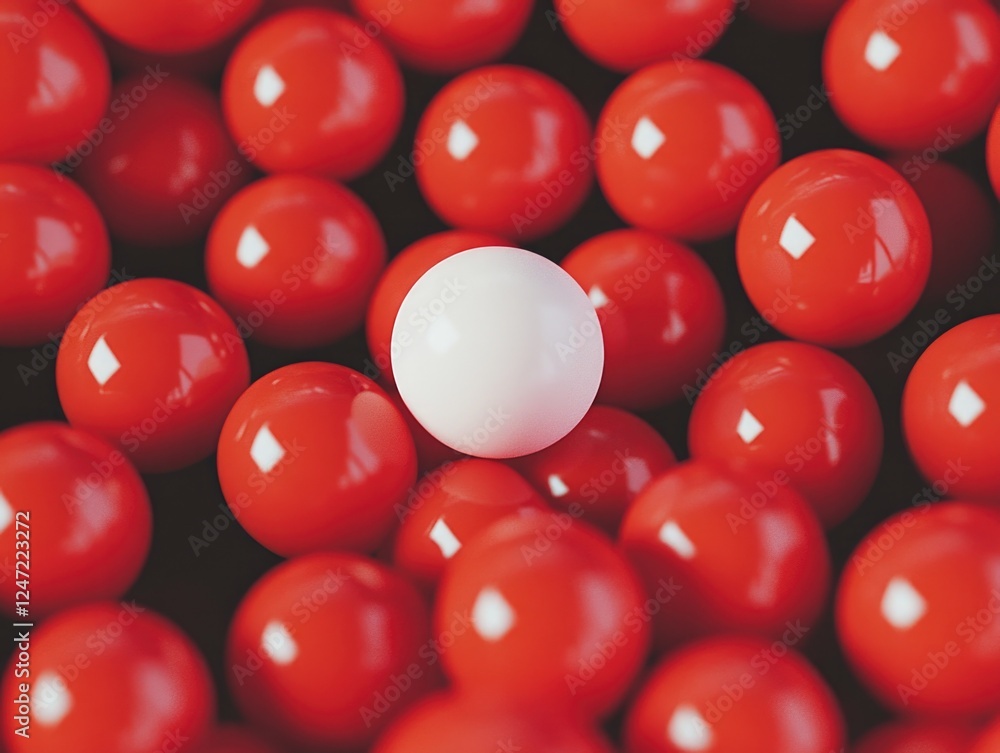 A close up of a single white ball in a pile of red balls. The white ball stands out against the red background, drawing attention to itself. Concept of focus and concentration A close up of a single white ball in a pile of red balls. The white ball stands out against the red background, drawing attention to itself. Concept of focus and concentration