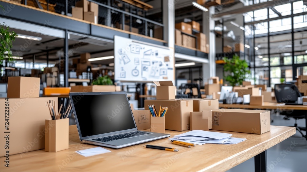 Modern office work environment featuring wooden desks and laptops in an industrial space Modern office work environment featuring wooden desks and laptops in an industrial space