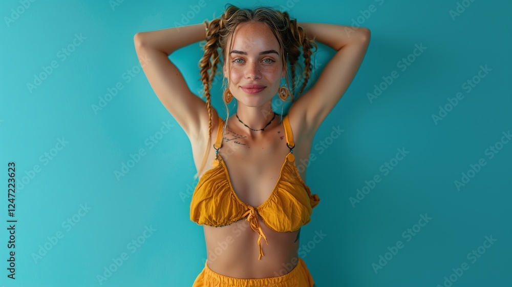 Obraz premium Smiling woman in orange bikini with braided hair posing against a turquoise background, hands on head, confident expression, summer fashion, tropical vacation, cheerful mood