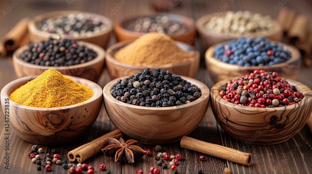 Variety of whole spices like black peppercorns, cinnamon sticks, and star anise displayed in wooden bowls and scattered on a natural wooden table, with warm lighting enhancing the details