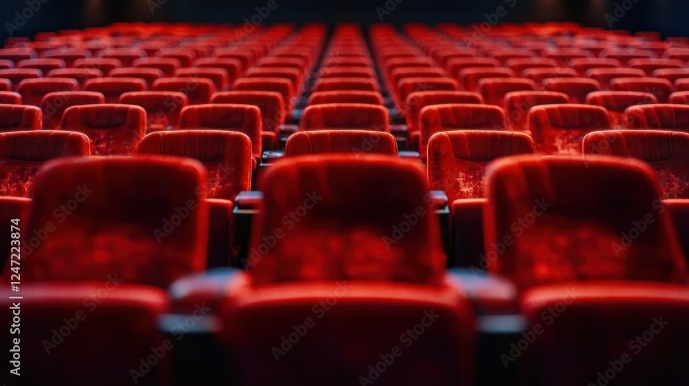 Obraz premium Empty red cinema seats, rows converging, dark theater, movie premiere