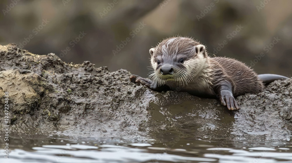 A baby otter sliding down a muddy bank into water A baby otter sliding down a muddy bank into water