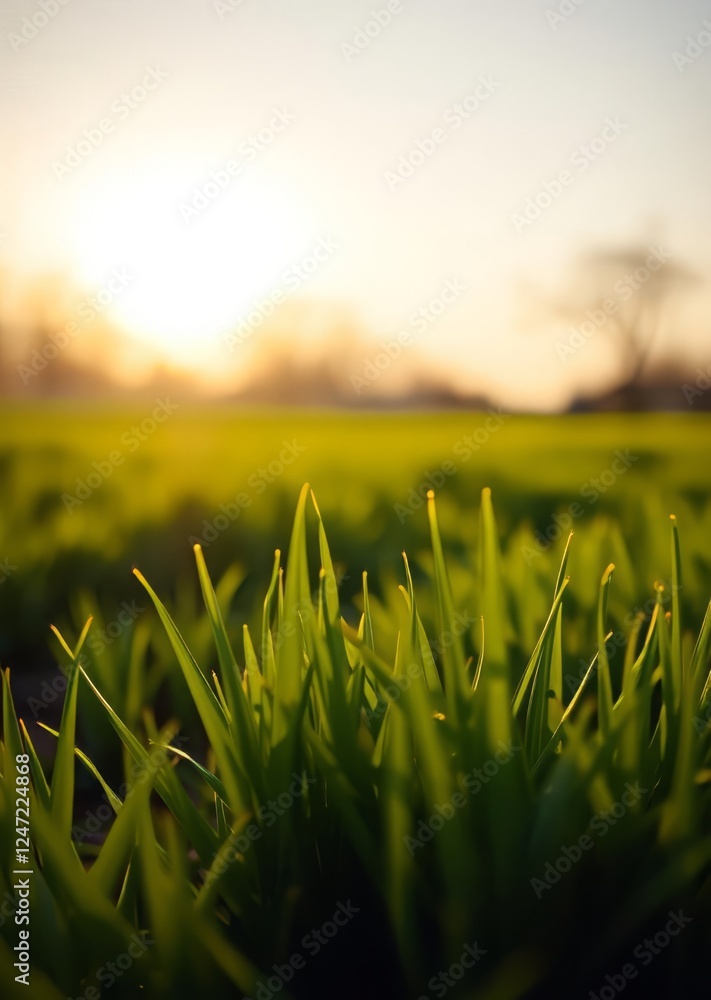 Fototapeta premium A sunny spring easter morning sunrise background with a fresh green grass foreground bokeh green bokeh green abstract background light bright blur pattern