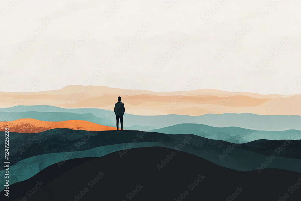 Minimalist vector illustration depicting a solitary figure against a backdrop of layered hills, showcasing tranquility and contemplation at sunset. Generative AI Minimalist vector illustration depicting a solitary figure against a backdrop of layered hills, showcasing tranquility and contemplation at sunset. Generative AI