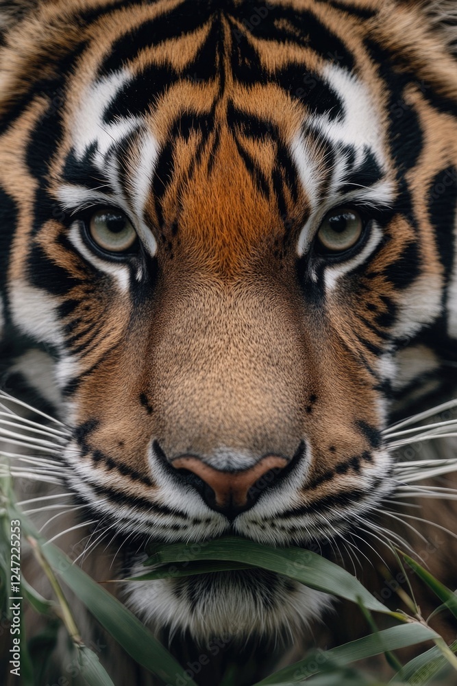 Naklejka premium Close-up of a Bengal tiger in natural habitat, consuming foliage.