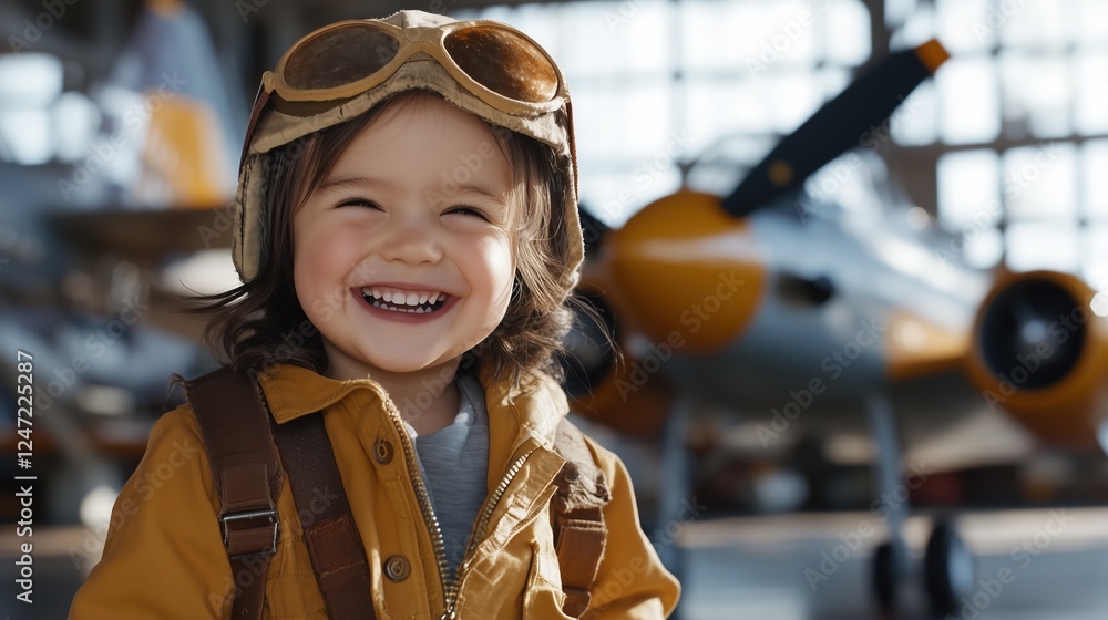 Naklejka premium Little Aviator's Dream: A joyous child, dressed in a pilot's cap and goggles, beams with delight in front of an vintage aircraft, their eyes sparkling with wonder and the promise of adventure.