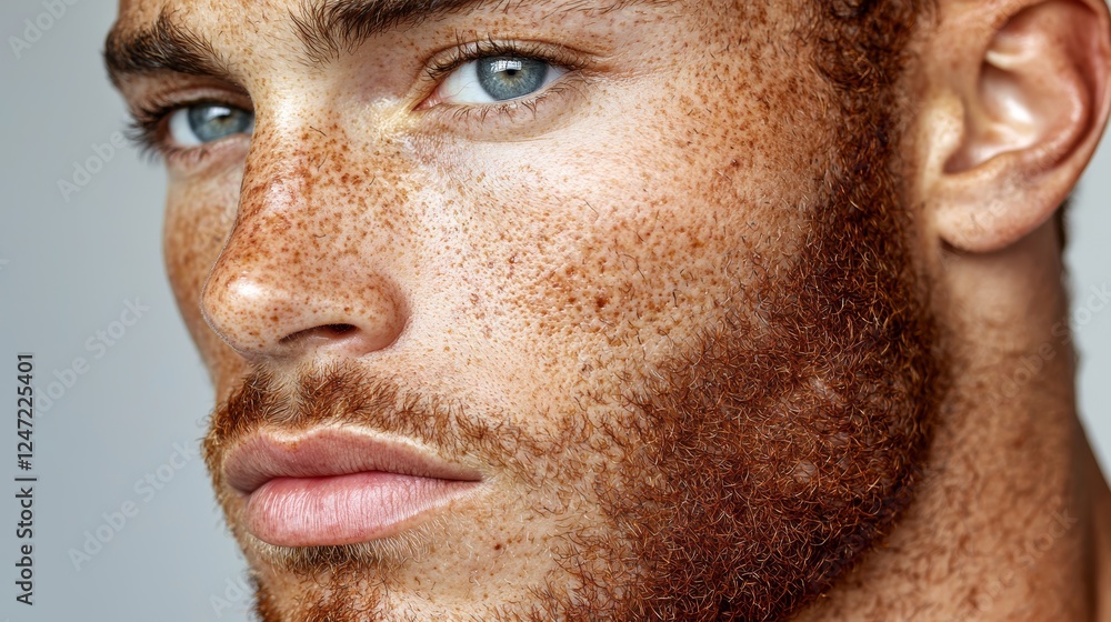Close-up Portrait of Male with Freckles and Acne Scars Framed Against Neutral Background Close-up Portrait of Male with Freckles and Acne Scars Framed Against Neutral Background