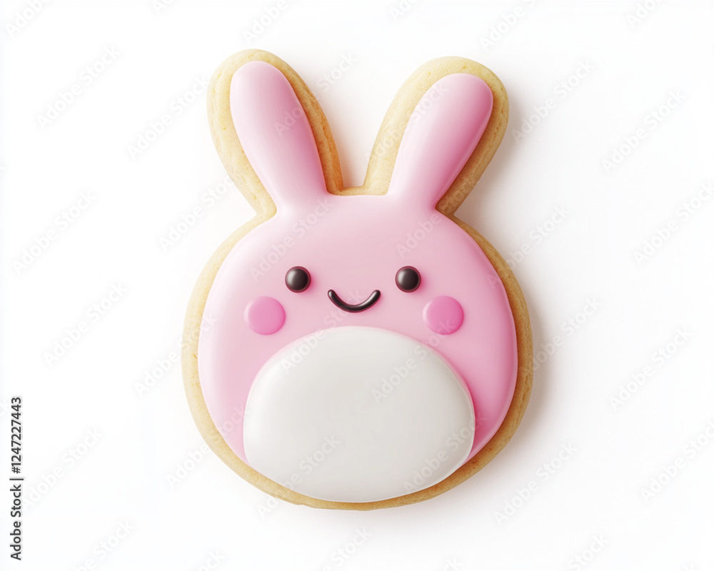 Fototapeta premium Adorable pink rabbit-shaped cookie featuring soft icing texture, playful facial expression, symbolizing delightful holiday treat