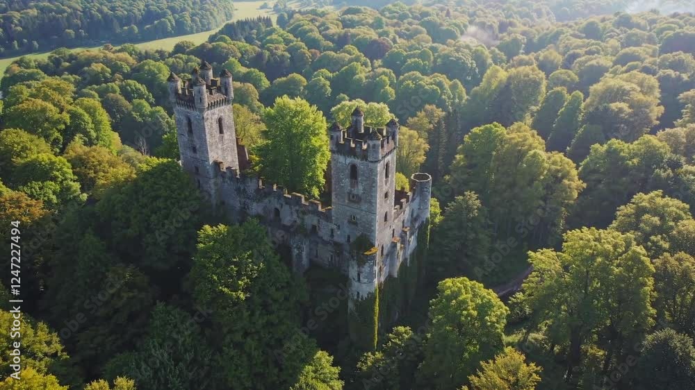 aerial view capturing the breathtaking sight of an ancient castle hidden deep within a dense, green forest. aerial view capturing the breathtaking sight of an ancient castle hidden deep within a dense, green forest.