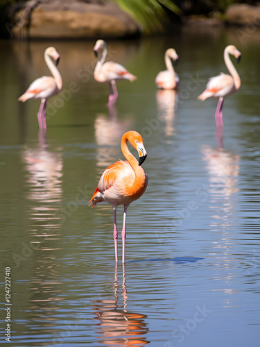 flamboyance flamingos standing in water photo