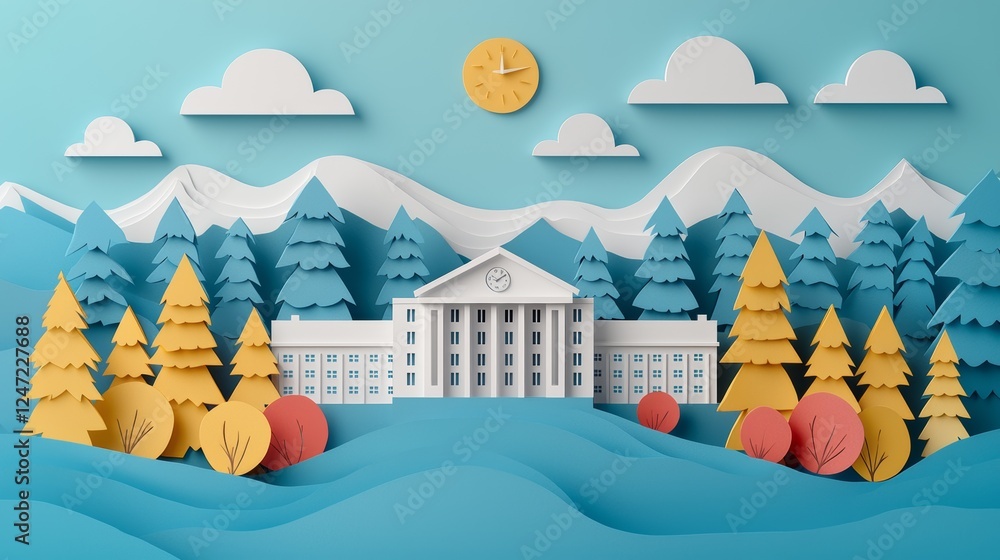 Naklejka premium Colorful Craft Design of a Green School Building Surrounded by Nature