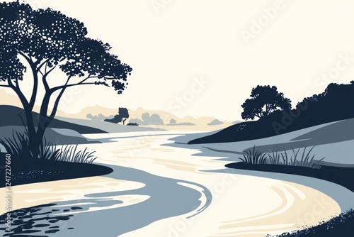 Stylized river meandering through a hilly countryside with trees and grass, depicted in an elegant monochrome illustration