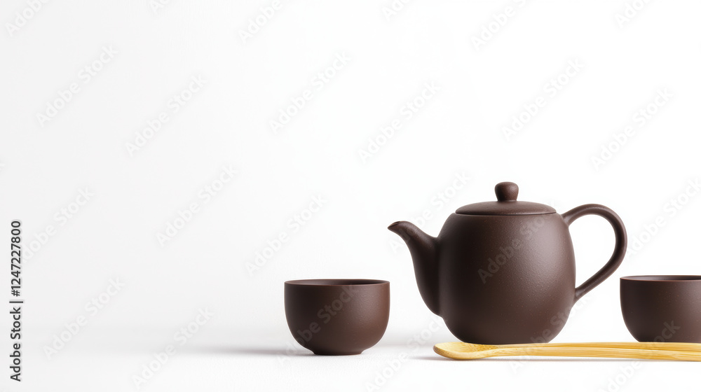 minimalist tea set featuring brown teapot, two cups, and wooden spoon, perfect for serene tea experience minimalist tea set featuring brown teapot, two cups, and wooden spoon, perfect for serene tea experience