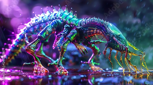 Vibrant Alien Creature With Spikes Standing In Water Under Rain With Bokeh Background