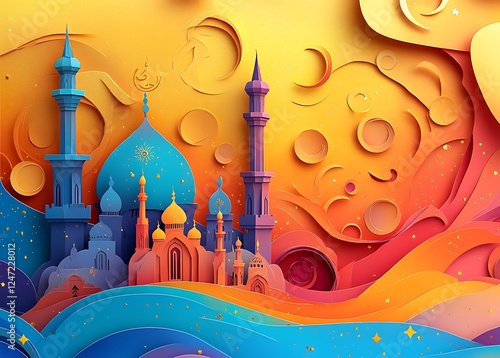 Colorful Paper-Cut Mosque with Domes Against a Swirling Sunset

