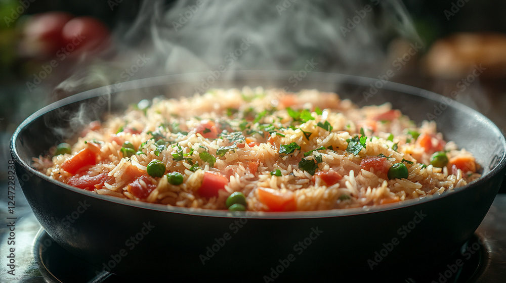 A vibrant, blurred image of a Biryani dish symbolizing the rich flavors and cultural significance of Indian cuisine, with space for captions and a chaotic yet modern tone A vibrant, blurred image of a Biryani dish symbolizing the rich flavors and cultural significance of Indian cuisine, with space for captions and a chaotic yet modern tone