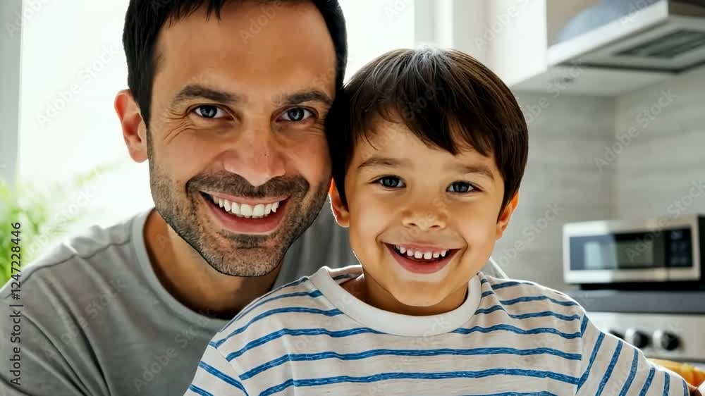 Father and son share joyful moments in bright kitchen setting Father and son share joyful moments in bright kitchen setting