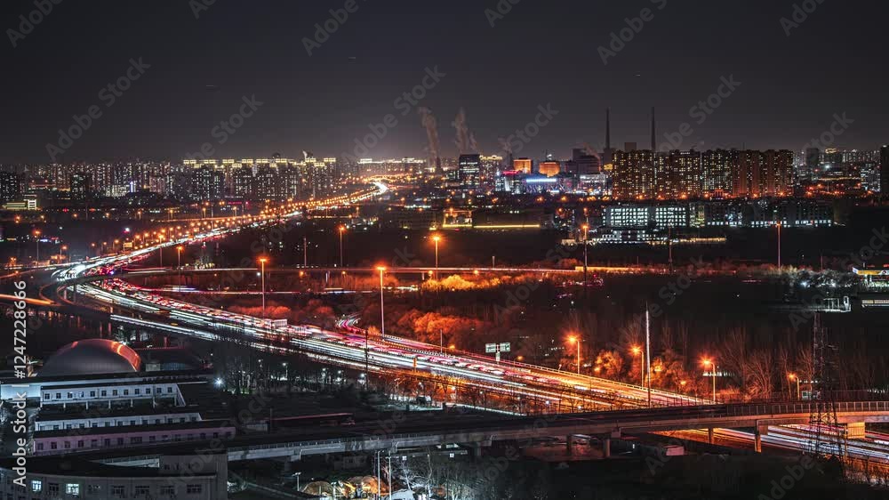 The delayed view of evening traffic and transportation in Beijing, China