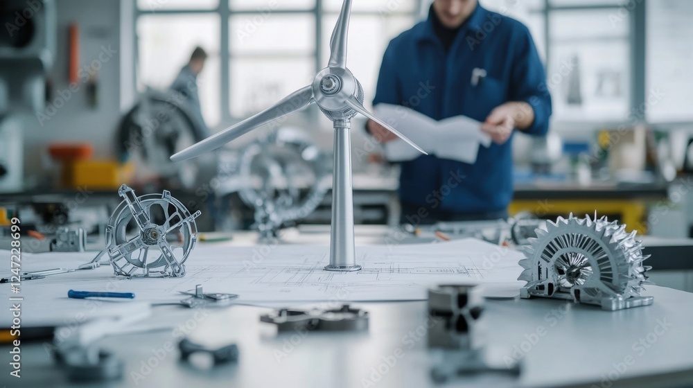 Fototapeta premium Small scale wind turbine model is placed on blueprints in an engineering laboratory while industrial designers are working in the background