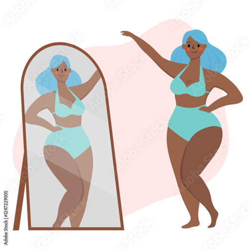 Beautiful woman bikini posing in front of the mirror. Body positive and love your body