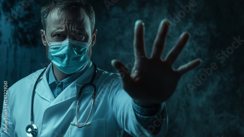 Worried doctor making a stop gesture against a dark background – global pandemic theme