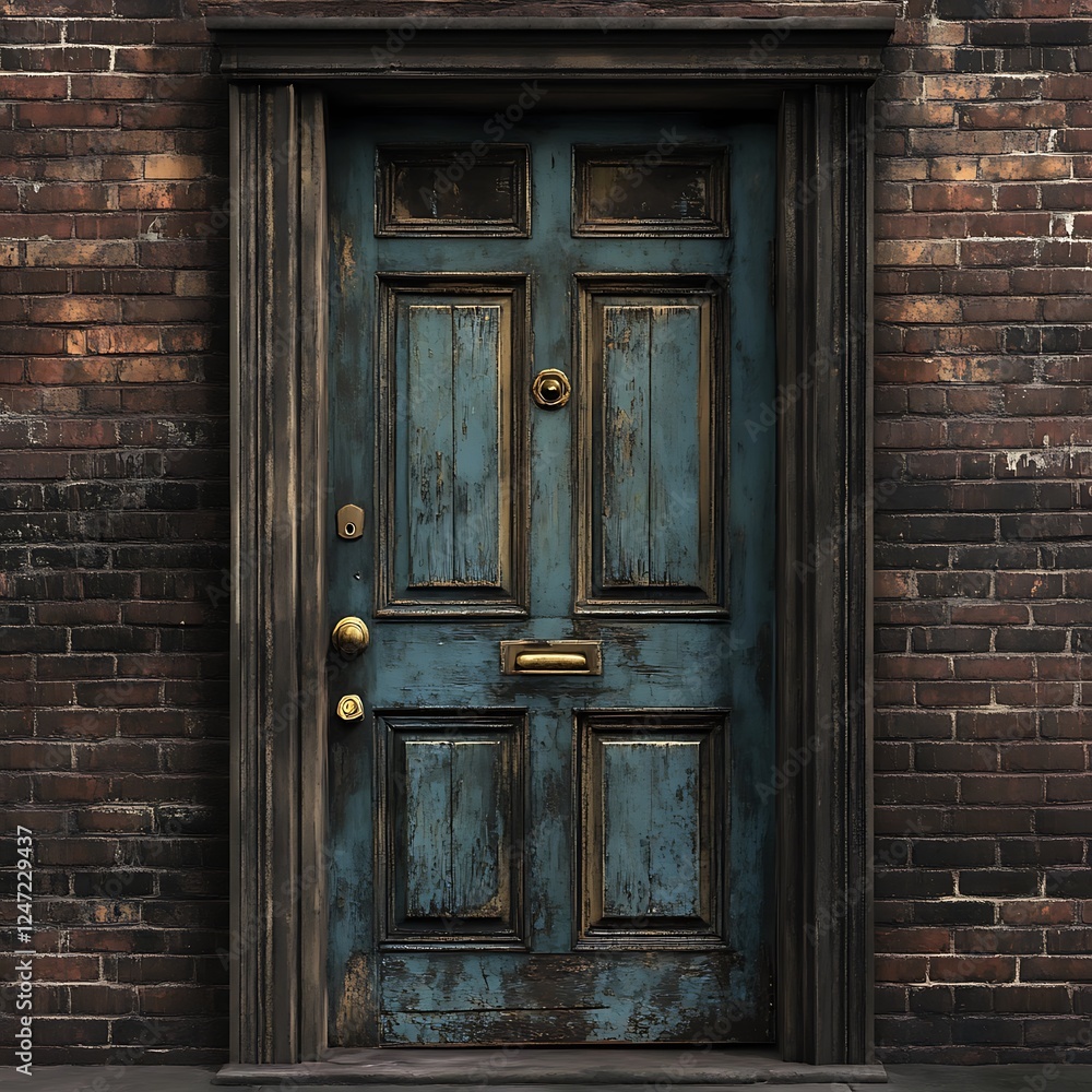 Weathered Wooden Door in Brick Building Exterior Weathered Wooden Door in Brick Building Exterior