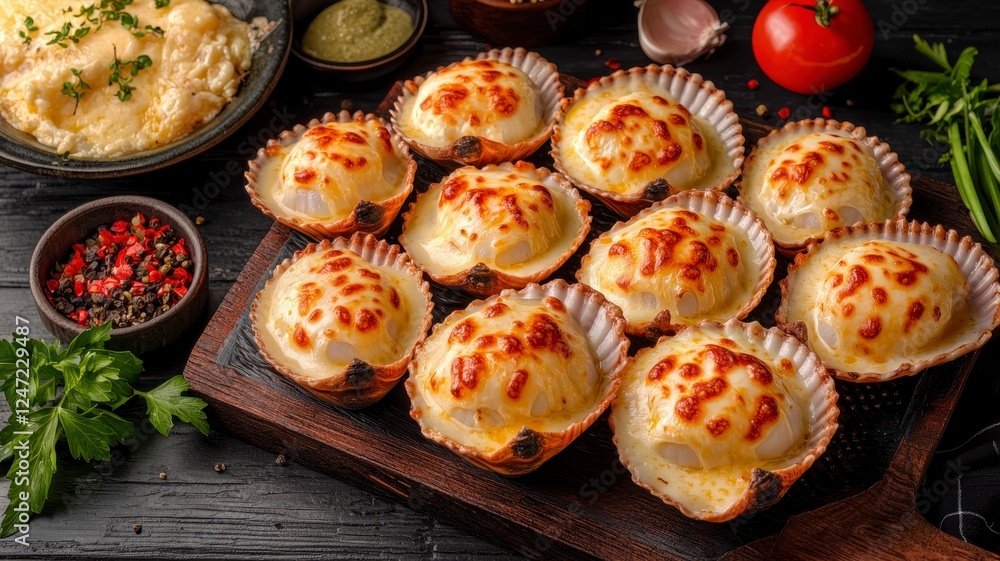 Baked scallops cheese concept. A golden-brown platter of cheesy, baked dumplings garnished with herbs, served with sauces and fresh vegetables. Baked scallops cheese concept. A golden-brown platter of cheesy, baked dumplings garnished with herbs, served with sauces and fresh vegetables.