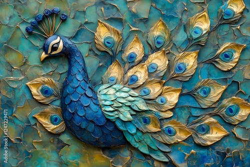 A sculptural relief of a peacock with vibrant blue and gold details.