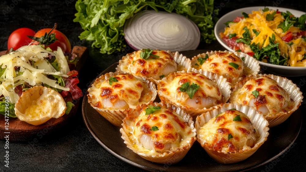 Baked scallops cheese concept. A delicious spread of baked dishes, featuring cheesy treats in crusts, accompanied by fresh salads and vibrant vegetables. Baked scallops cheese concept. A delicious spread of baked dishes, featuring cheesy treats in crusts, accompanied by fresh salads and vibrant vegetables.