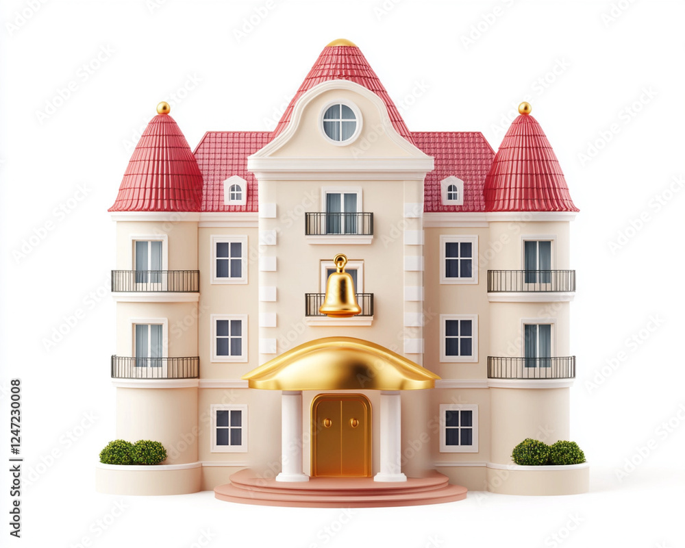 Naklejka premium Luxurious European-style mansion featuring symmetrical design, red rooftops, sophisticated architectural details