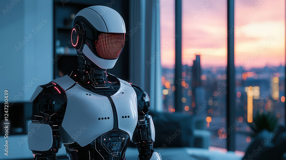 futuristic robotic assistant stands in modern room with city view
