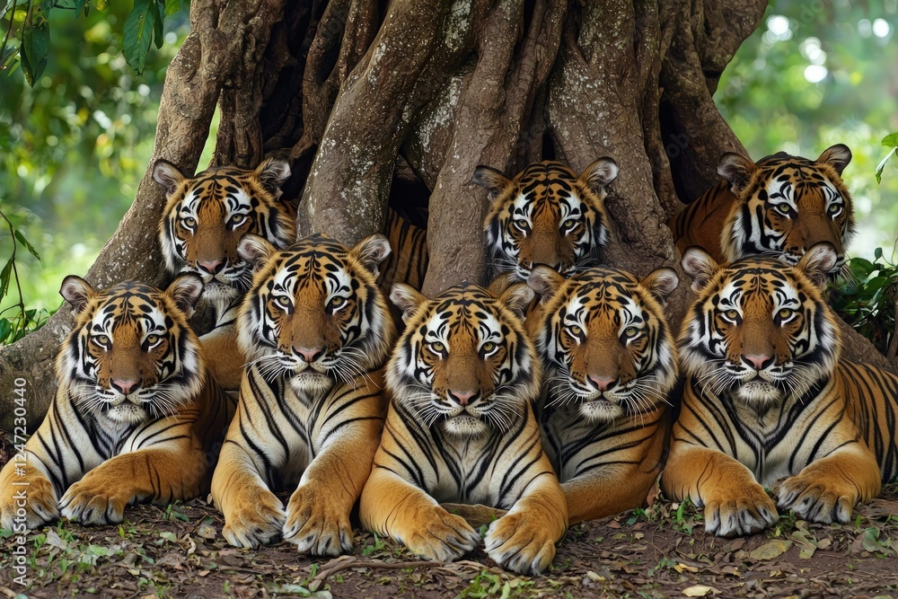 Fototapeta premium A group of tigers resting together under a large tree, the jungle around them full of life