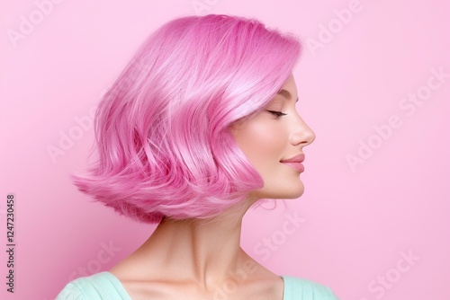 Wallpaper Mural Bright pink classic bob hairstyle with wavy texture, retro-inspired feminine portrait in side profile on soft pink background, bold color concept in pastel beauty studio fashion

 Torontodigital.ca