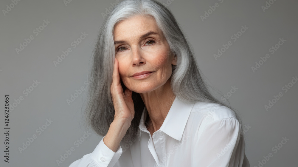 Fototapeta premium Portrait of a senior Caucasian woman with silver hair, gently touching her face, showcasing natural beauty, aging gracefully, and confidence in a minimalist studio setting
