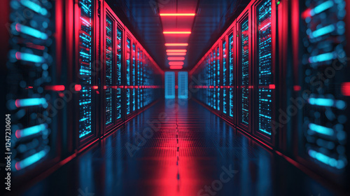 futuristic data center hallway with glowing server racks and ambient lighting