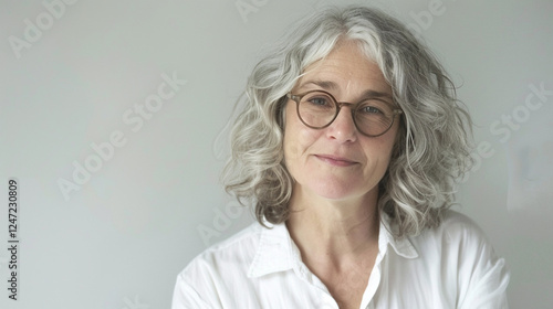 Smiling woman with curly gray hair wears glasses and a white shirt against a neutral background
