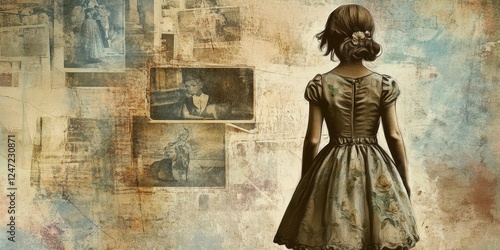 Girl in Dress Contemplates Vintage Photographs Family History